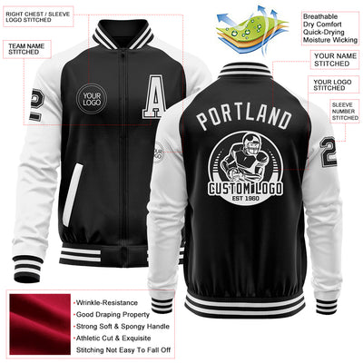 Custom Black White Bomber Varsity Letterman Two Tone Zipper Jacket