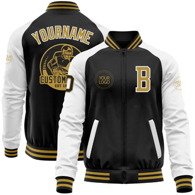 Custom Black Old Gold-White Bomber Varsity Letterman Two Tone Zipper Jacket