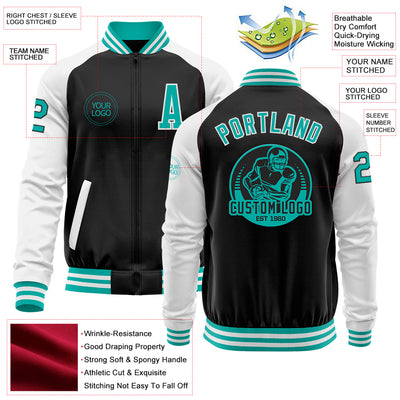 Custom Black Aqua-White Bomber Varsity Letterman Two Tone Zipper Jacket