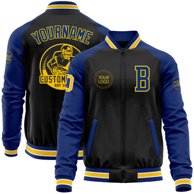 Custom Black Yellow-Royal Bomber Varsity Letterman Two Tone Zipper Jacket