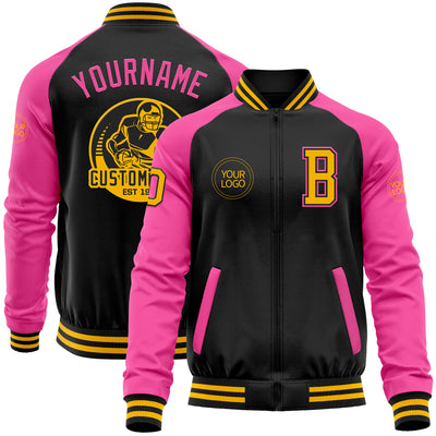 Custom Black Gold-Pink Bomber Varsity Letterman Two Tone Zipper Jacket