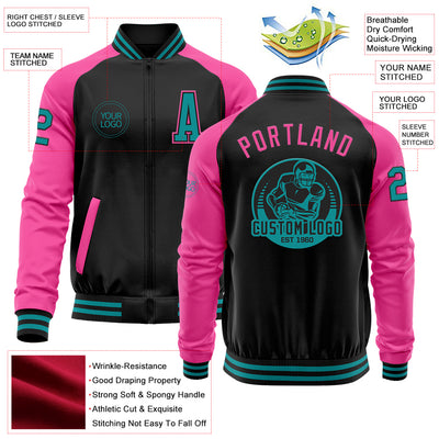 Custom Black Teal-Pink Bomber Varsity Letterman Two Tone Zipper Jacket