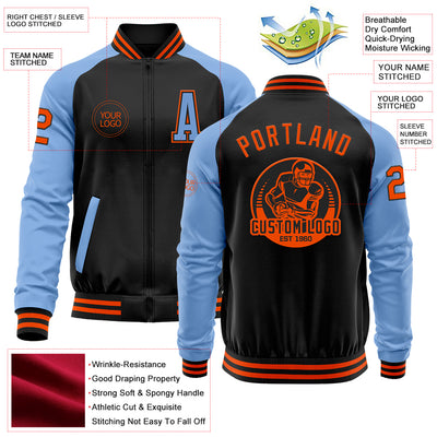 Custom Black Orange-Light Blue Bomber Varsity Letterman Two Tone Zipper Jacket