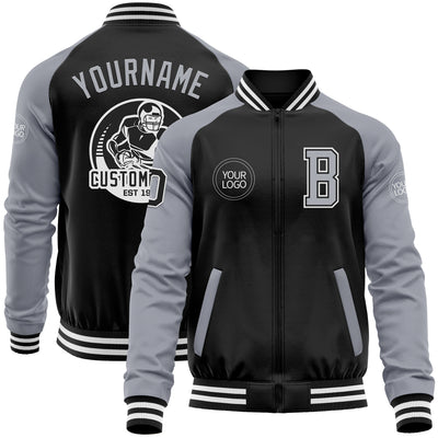 Custom Black Gray-White Bomber Varsity Letterman Two Tone Zipper Jacket