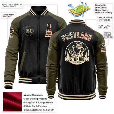 Custom Black Vintage USA Flag Olive-Cream Bomber Varsity Letterman Two Tone Zipper Jacket