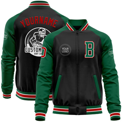 Custom Black Red-Kelly Green Bomber Varsity Letterman Two Tone Zipper Jacket