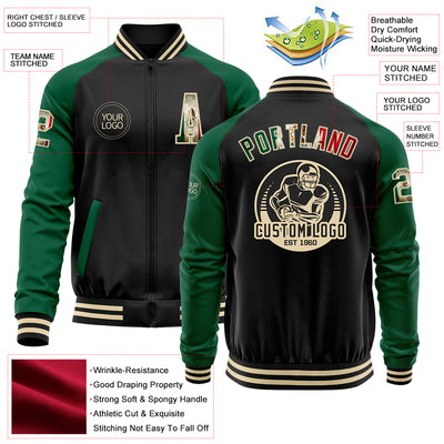 Custom Black Vintage Mexican Flag Kelly Green-Cream Bomber Varsity Letterman Two Tone Zipper Jacket