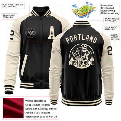 Custom Black Cream Bomber Varsity Letterman Two Tone Zipper Jacket