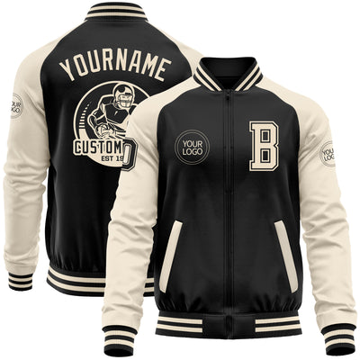 Custom Black Cream Bomber Varsity Letterman Two Tone Zipper Jacket