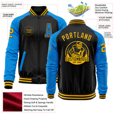 Custom Black Gold-Powder Blue Bomber Varsity Letterman Two Tone Zipper Jacket