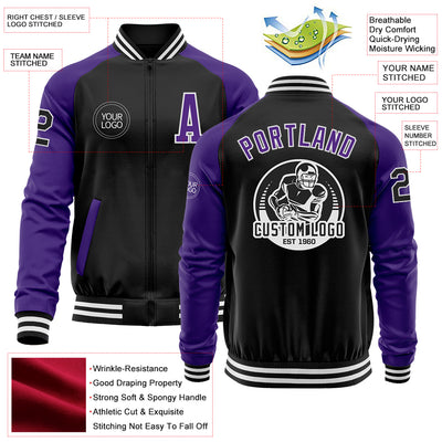 Custom Black Purple-White Bomber Varsity Letterman Two Tone Zipper Jacket