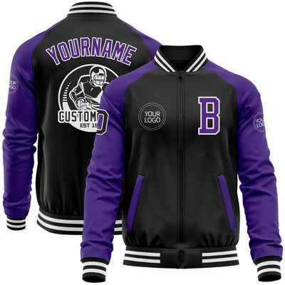 Custom Black Purple-White Bomber Varsity Letterman Two Tone Zipper Jacket