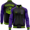 Custom Black Neon Green-Purple Bomber Varsity Letterman Two Tone Zipper Jacket