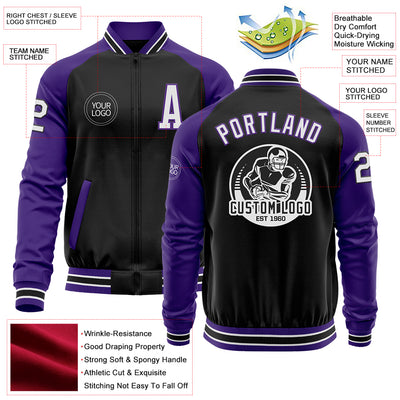 Custom Black White-Purple Bomber Varsity Letterman Two Tone Zipper Jacket