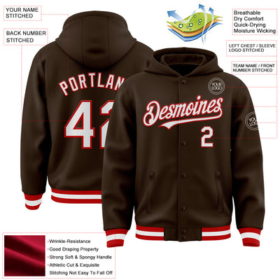 Custom Brown White-Red Bomber Full-Snap Varsity Letterman Hoodie Jacket