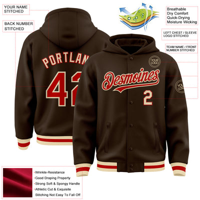 Custom Brown Red-Cream Bomber Full-Snap Varsity Letterman Hoodie Jacket