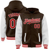 Custom Brown Red-White Bomber Full-Snap Varsity Letterman Two Tone Hoodie Jacket