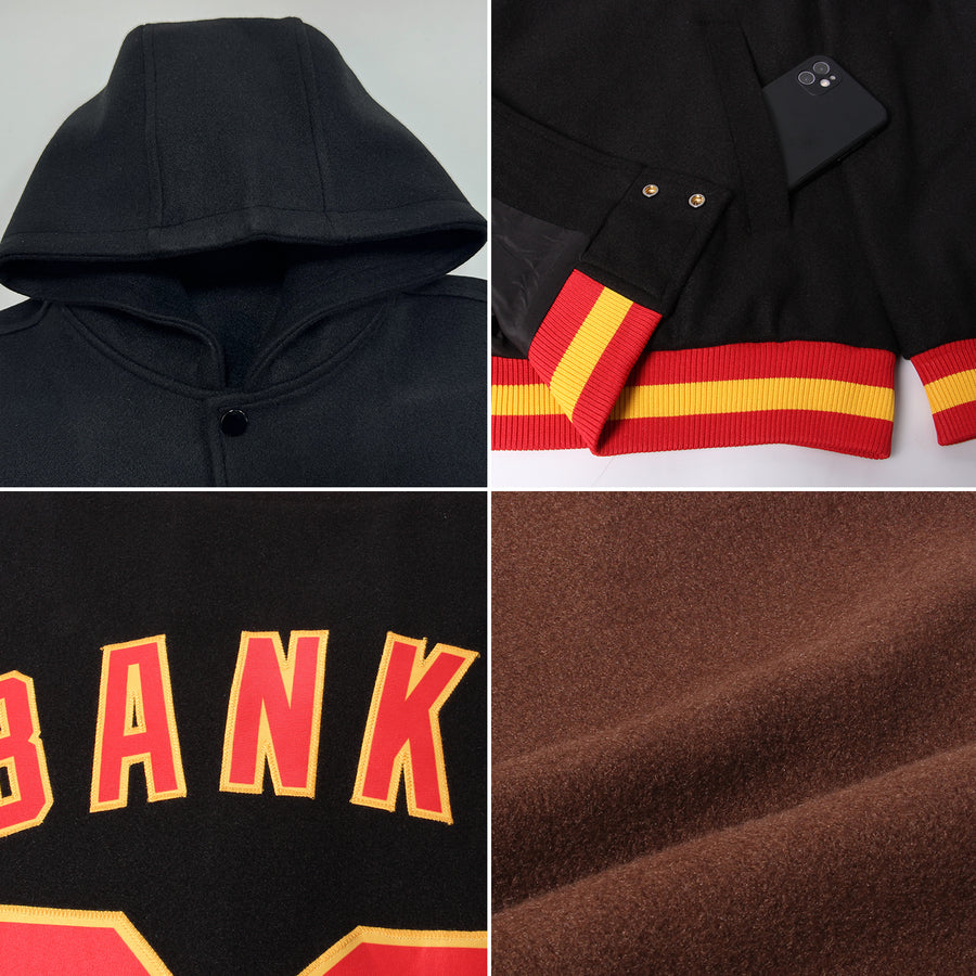 Custom Brown Red-Cream Bomber Full-Snap Varsity Letterman Two Tone Hoodie Jacket