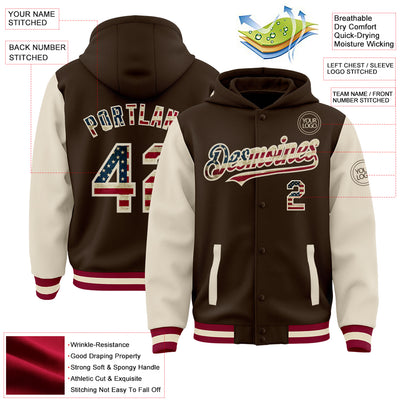 Custom Brown Vintage USA Flag Cream-Maroon Bomber Full-Snap Varsity Letterman Two Tone Hoodie Jacket