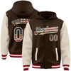 Custom Brown Vintage USA Flag Cream-Maroon Bomber Full-Snap Varsity Letterman Two Tone Hoodie Jacket