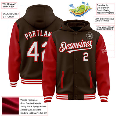 Custom Brown White-Red Bomber Full-Snap Varsity Letterman Two Tone Hoodie Jacket