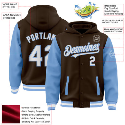 Custom Brown White-Light Blue Bomber Full-Snap Varsity Letterman Two Tone Hoodie Jacket