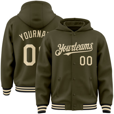 Custom Olive Cream-Black Bomber Full-Snap Varsity Letterman Salute To Service Hoodie Jacket