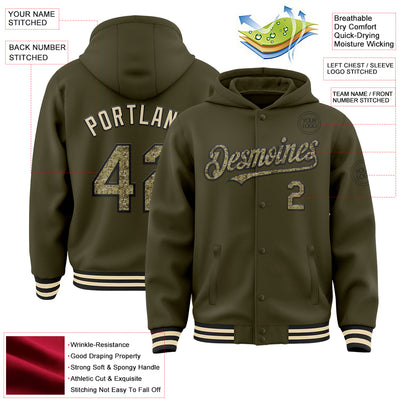 Custom Olive Camo Black-Cream Bomber Full-Snap Varsity Letterman Salute To Service Hoodie Jacket