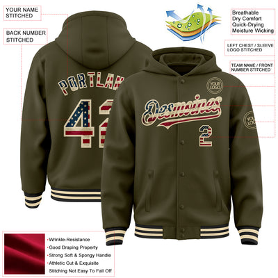 Custom Olive Vintage USA Flag Cream-Black Bomber Full-Snap Varsity Letterman Salute To Service Hoodie Jacket