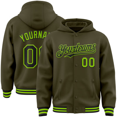 Custom Olive Black-Neon Green Bomber Full-Snap Varsity Letterman Salute To Service Hoodie Jacket