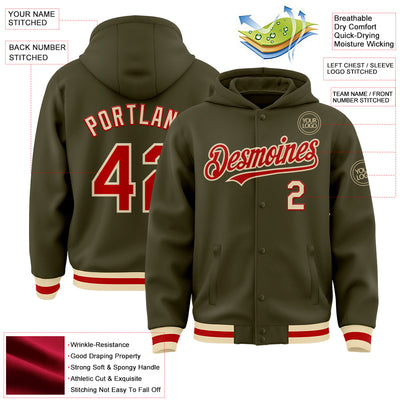 Custom Olive Red-Cream Bomber Full-Snap Varsity Letterman Salute To Service Hoodie Jacket