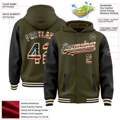 Custom Olive Vintage USA Flag Cream-Black Bomber Full-Snap Varsity Letterman Two Tone Salute To Service Hoodie Jacket