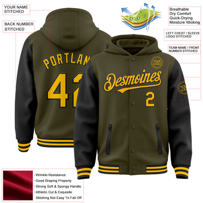 Custom Olive Gold-Black Bomber Full-Snap Varsity Letterman Two Tone Salute To Service Hoodie Jacket