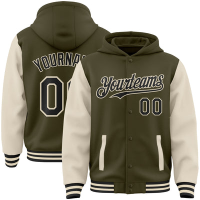 Custom Olive Black-Cream Bomber Full-Snap Varsity Letterman Two Tone Salute To Service Hoodie Jacket