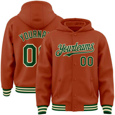 Custom Texas Orange Green-Cream Bomber Full-Snap Varsity Letterman Hoodie Jacket