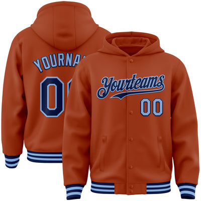 Custom Texas Orange Navy-Light Blue Bomber Full-Snap Varsity Letterman Hoodie Jacket