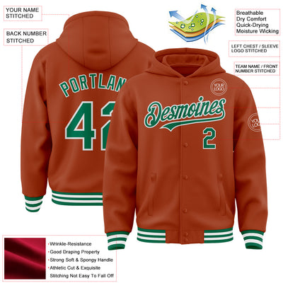 Custom Texas Orange Kelly Green-White Bomber Full-Snap Varsity Letterman Hoodie Jacket