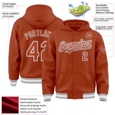 Custom Texas Orange White-Gray Bomber Full-Snap Varsity Letterman Hoodie Jacket