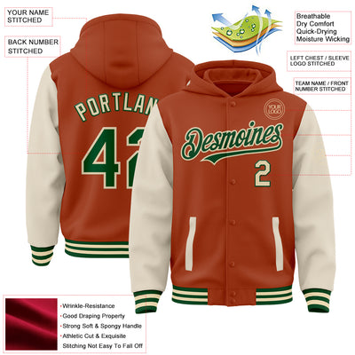 Custom Texas Orange Green-Cream Bomber Full-Snap Varsity Letterman Two Tone Hoodie Jacket