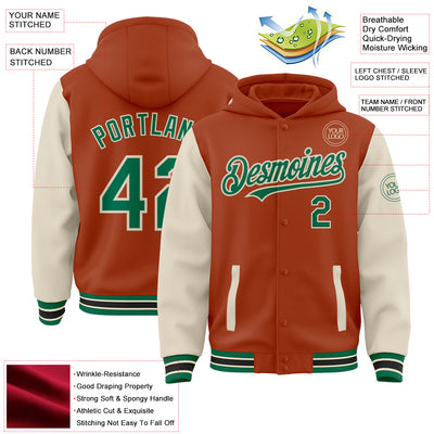 Custom Texas Orange Kelly Green-Cream Bomber Full-Snap Varsity Letterman Two Tone Hoodie Jacket