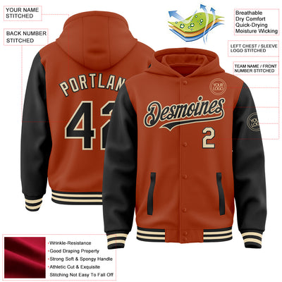 Custom Texas Orange Black-Cream Bomber Full-Snap Varsity Letterman Two Tone Hoodie Jacket