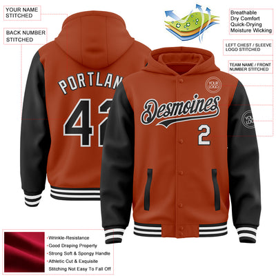 Custom Texas Orange Black-White Bomber Full-Snap Varsity Letterman Two Tone Hoodie Jacket