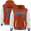 Custom Texas Orange Navy-White Bomber Full-Snap Varsity Letterman Two Tone Hoodie Jacket