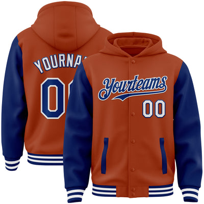 Custom Texas Orange Royal-White Bomber Full-Snap Varsity Letterman Two Tone Hoodie Jacket