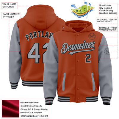 Custom Texas Orange Gray-Black Bomber Full-Snap Varsity Letterman Two Tone Hoodie Jacket