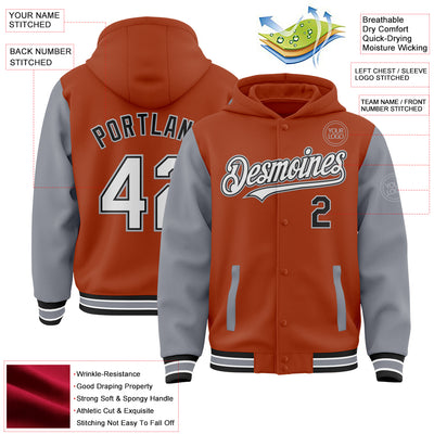 Custom Texas Orange Black-Gray Bomber Full-Snap Varsity Letterman Two Tone Hoodie Jacket