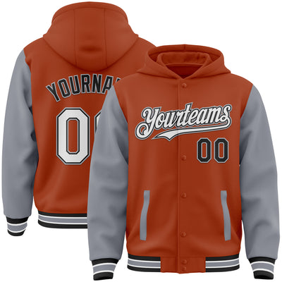 Custom Texas Orange Black-Gray Bomber Full-Snap Varsity Letterman Two Tone Hoodie Jacket