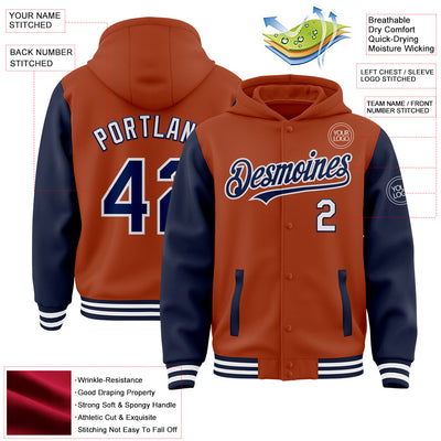 Custom Texas Orange Navy-White Bomber Full-Snap Varsity Letterman Two Tone Hoodie Jacket