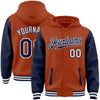 Custom Texas Orange Navy-White Bomber Full-Snap Varsity Letterman Two Tone Hoodie Jacket