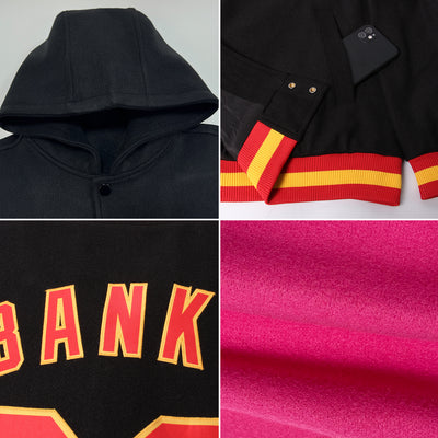 Custom Pink Black-Gold Bomber Full-Snap Varsity Letterman Hoodie Jacket